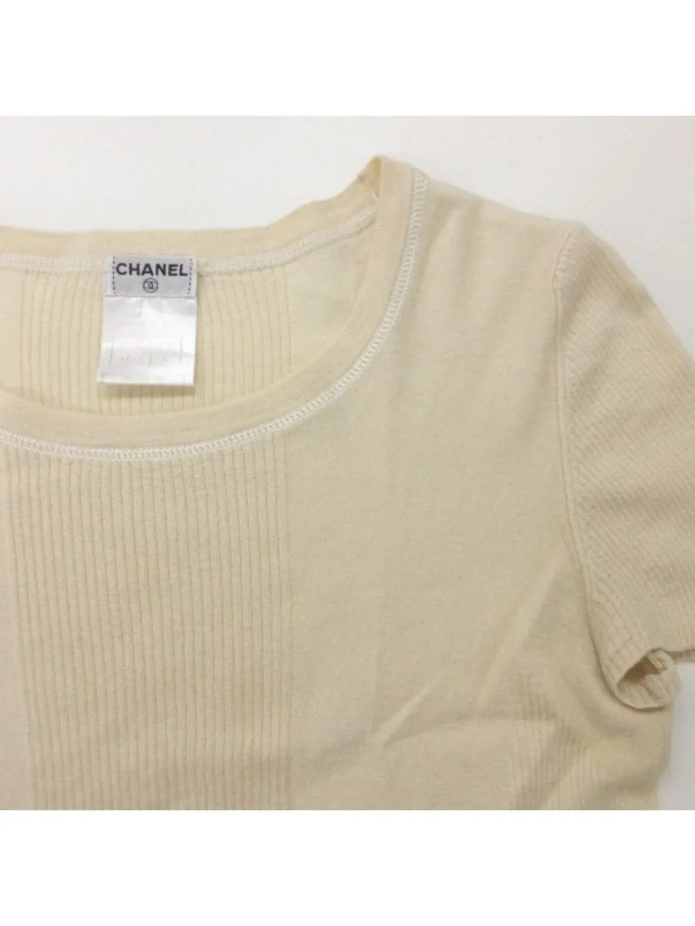 Chanel Knit Logo Plate Cashmere Silk Rib Contrast Short Sleeve Top Light Beige